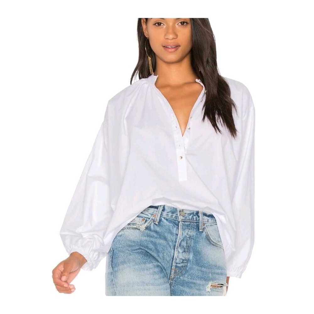 Free People White Cotton Poplin Oversized Button Front Band Collar Blouse Top